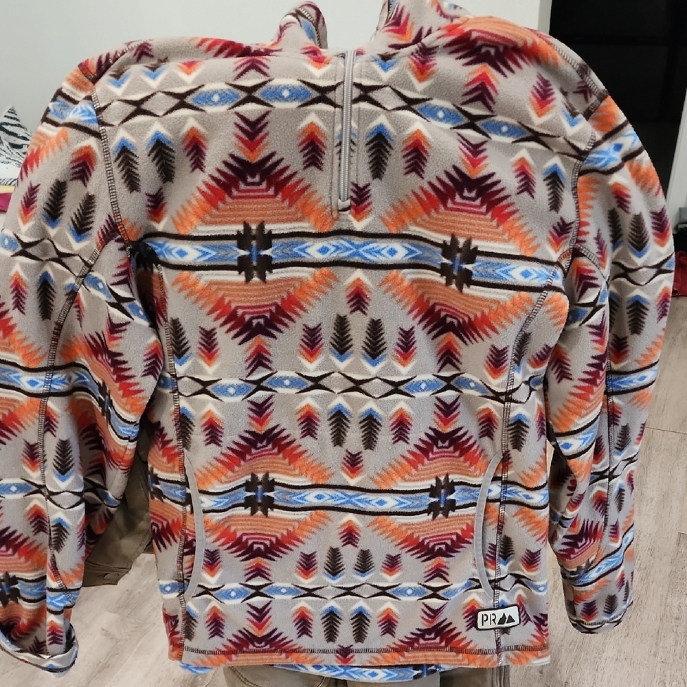 Red and Orange Zip Up Sweater with Geometric Design